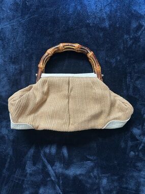 Ann Taylor Loft Handbag Woven With Bamboo Handles Natural And White